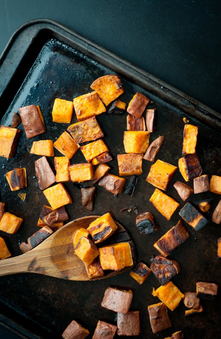 roasting pan of sweet potatoes